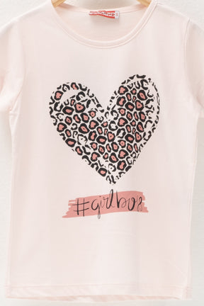 Kız Çocuk Pembe Kalp Baskılı T-Shirt (5-12yaş)-1