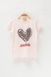 Kız Çocuk Pembe Kalp Baskılı T-Shirt (5-12yaş)-0