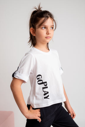 Kız Çocuk Go Play Baskılı Kolları Katlamalı Beyaz T-Shirt (4-12yaş)-0