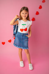 Kız Çocuk Beyaz Cherry Aplikeli T-Shirt (5-14yaş)-0