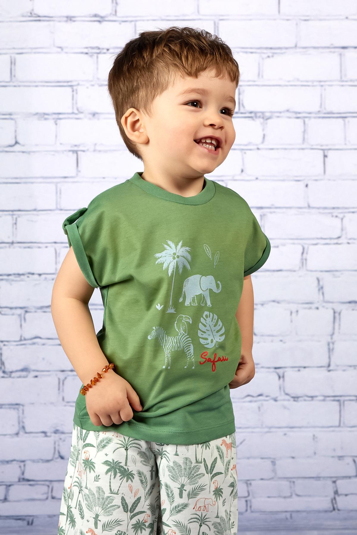 Erkek Bebek Yeşil Safari Desenli T-shirt-0