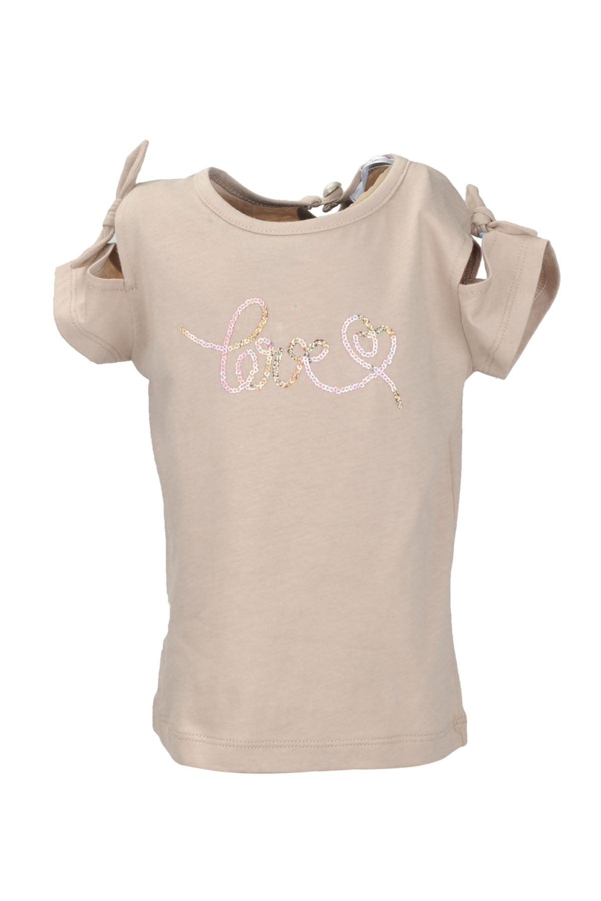 Kız Bebek Bej Love Pullu Omuz Fiyonklu T-Shirt (9ay-4yaş)-1