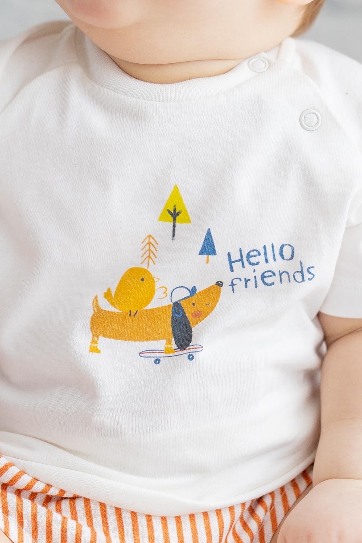 Erkek Bebek Ekru Hello Friends Baskılı T-shirt-1