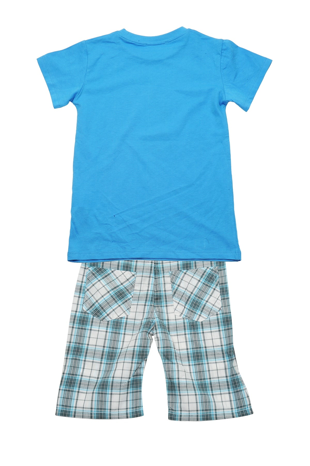 Erkek Bebek Mavi Dinazor T-Shirt ve Ekose Şort Takım (9ay-7yaş)-1