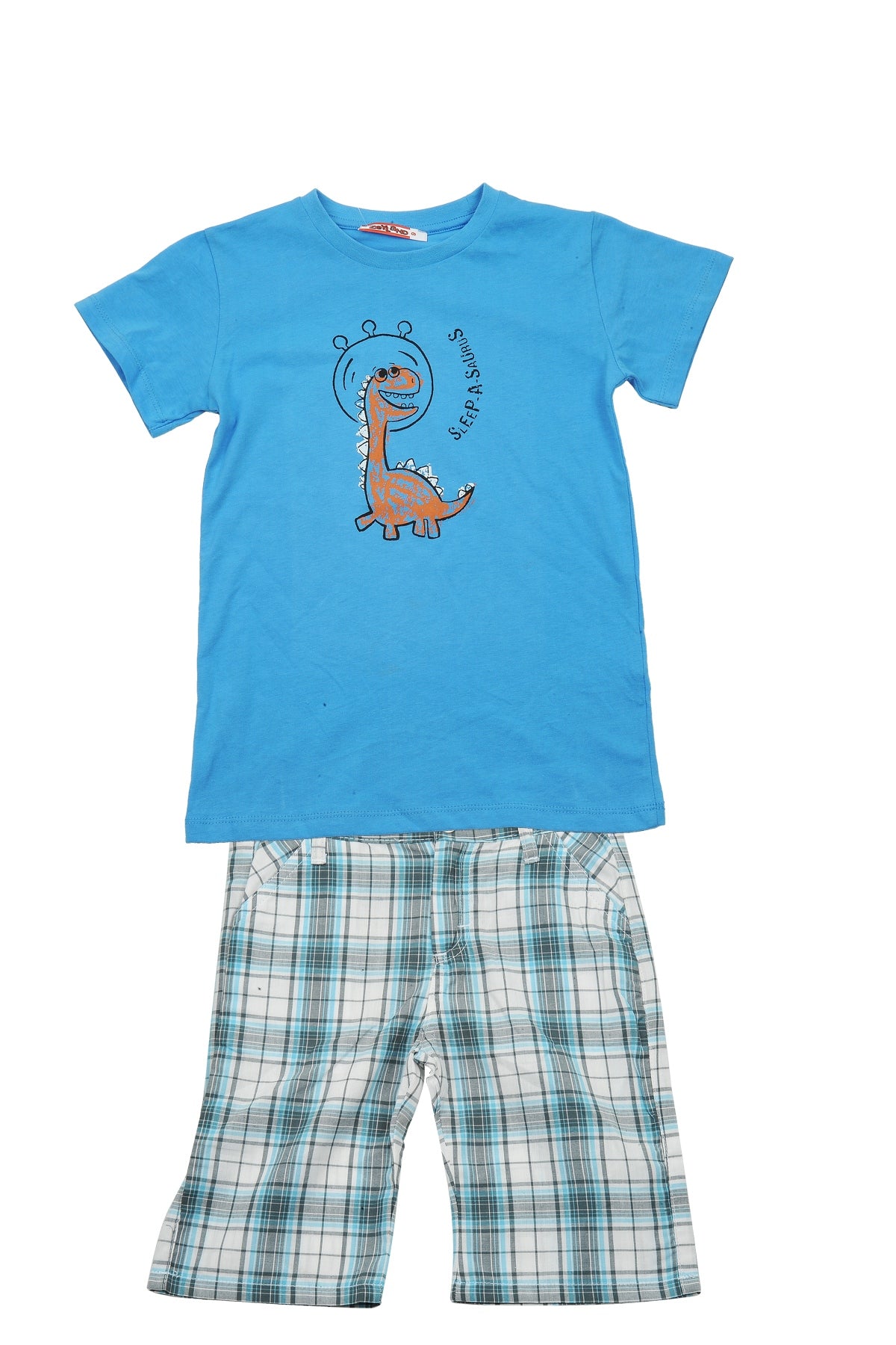 Erkek Bebek Mavi Dinazor T-Shirt ve Ekose Şort Takım (9ay-7yaş)-0