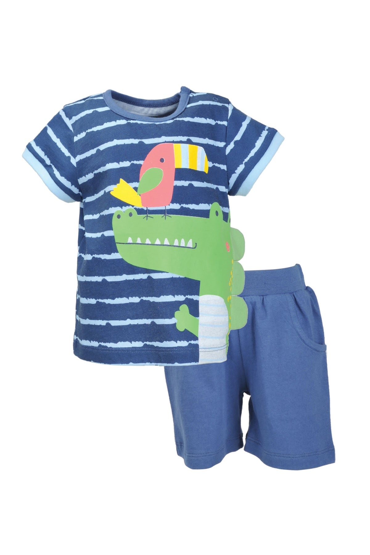 Erkek Bebek Mavi Croc and Bird T-Shirt ve Şort Takım (3-24ay)-0